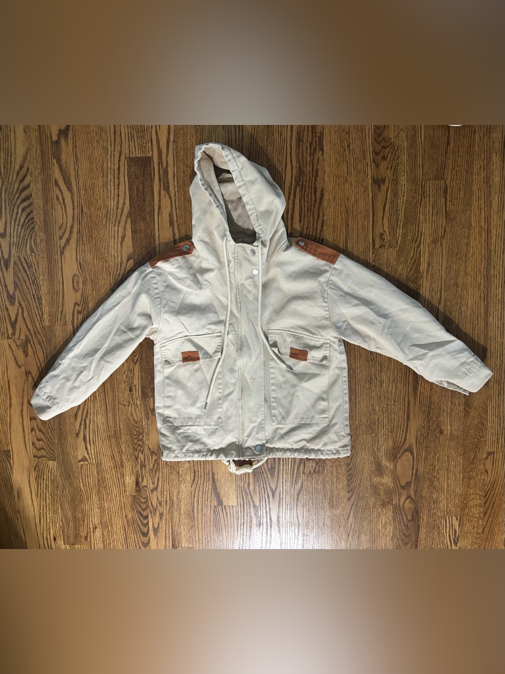 Kids Cream Canvas Utility Hooded Jacket - Youth Large/XL Lined Cargo Streetwear